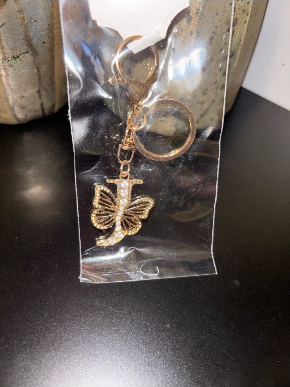 Gold Butterfly J Initial Keychain with Crystals